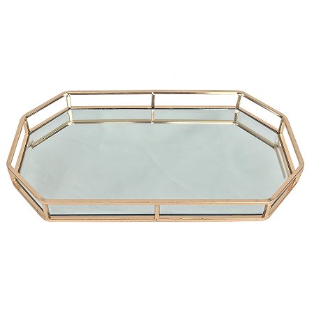 BANDEJA COM ESPELHO E METAL DOURADO 41,5CM X 23CM X 5CM