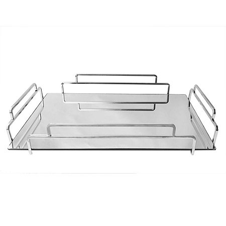 BANDEJA DE VIDRO E METAL PRATA 46CM X 31CM X 6CM