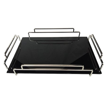 BANDEJA DE VIDRO PRETO E METAL PRATA 46CM X 31CM X 6CM