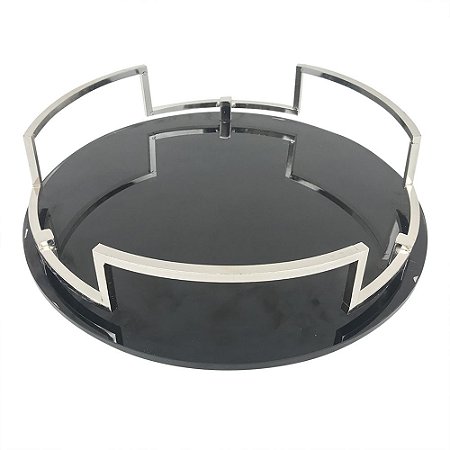 BANDEJA DE VIDRO PRETO E METAL PRATA 38,5CM X 38,5CM X 9,5CM