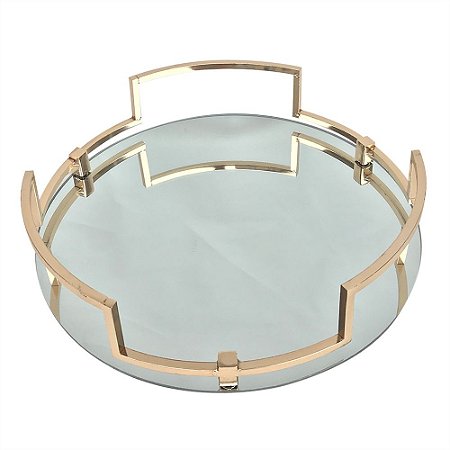BANDEJA DE VIDRO E METAL DOURADO 38,5CM X 38,5CM X 9,5CM