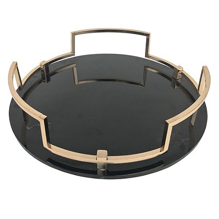 BANDEJA DE VIDRO PRETO E METAL DOURADO 38,5CM X 38,5CM X 9,5