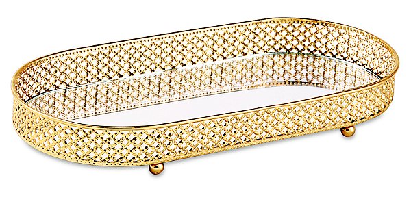 KIT BANDEJA DOURADA EM METAL COM ESPELHO - 3 PÇS