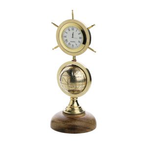 GLOBO DECORATIVO METAL/MADEIRA C/RELÓGIO DOURADO 26x12x10cm