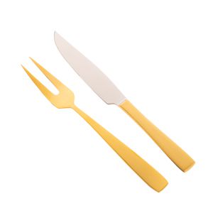 CJ 2PC FACA E GARFO AÇO INOX P/ASSADO PISA DOURADO