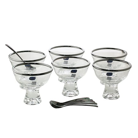 CJ 6 BOWLS VIDRO C/6 COLHERES P/SOBREMESA VERA BLACK