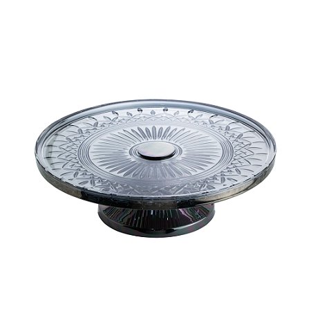 PRATO P/BOLO CRISTAL CINZA C/PÉ AÇO LYS BLACK 32cm
