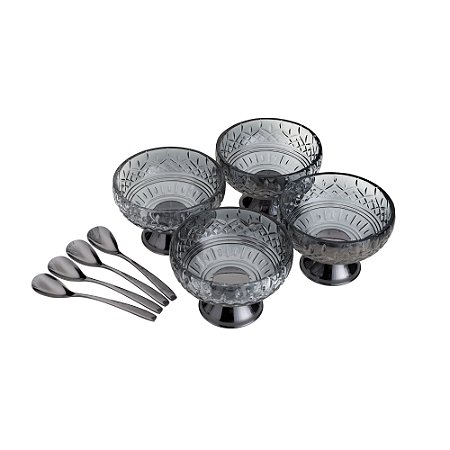 CJ 4 BOWLS VIDRO CINZA C/4 COLHERES P/SOBREMESA LYS BLACK