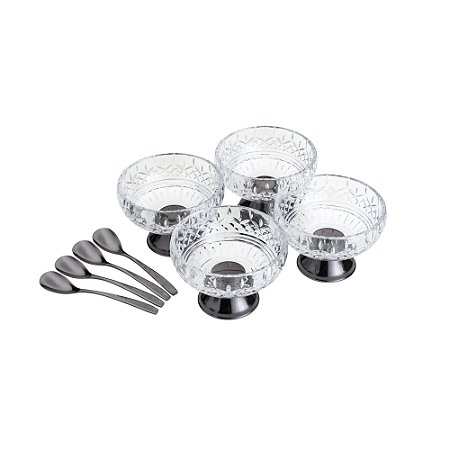 CJ 4 BOWLS VIDRO C/4 COLHERES P/SOBREMESA LYS BLACK