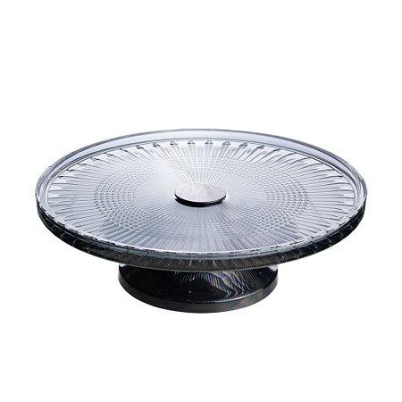 PRATO P/BOLO CRISTAL CINZA C/PÉ AÇO QUEEN BLACK 32cm