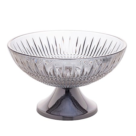 CENTRO DE MESA CRISTAL CINZA C/PÉ AÇO QUEEN BLACK 30cm