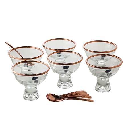 CJ 6 BOWLS VIDRO C/6 COLHERES P/SOBREMESA VERA ROSE