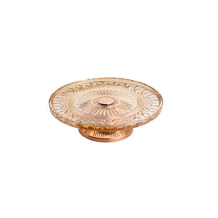 PRATO P/BOLO CRISTAL ÂMBAR C/PÉ AÇO LYS ROSE 32cm