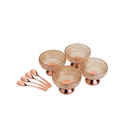 CJ 4 BOWLS VIDRO ÂMBAR C/4 COLHERES P/SOBREMESA LYS ROSE