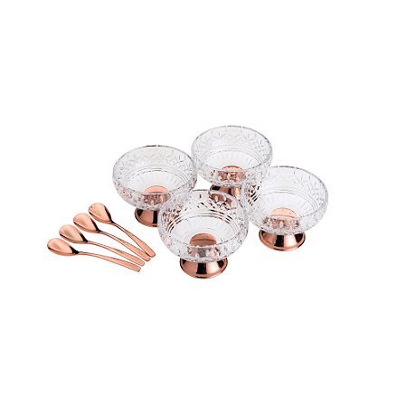 CJ 4 BOWLS VIDRO C/4 COLHERES P/SOBREMESA LYS ROSE