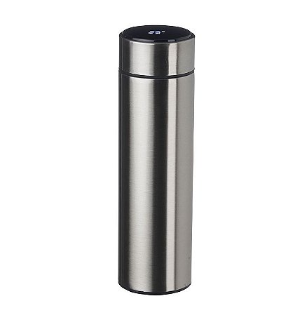 GARRAFA AÇO INOX PRATA PAREDE DUPLA 500ML COM INFUSOR E TERMÔMETRO DIGITAL