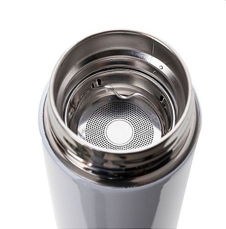 GARRAFA AÇO INOX BRANCA PAREDE DUPLA 500ML COM INFUSOR E TERMÔMETRO DIGITAL