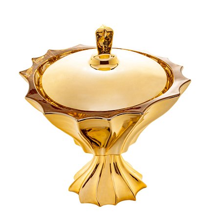 POTICHE DECORATIVO CRISTAL PÉ E TAMPA DOURADO 22x24cm