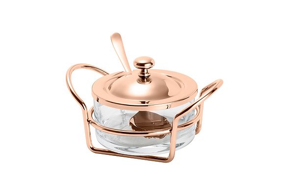 AÇUCAREIRO DE VIDRO C/COLHER, TAMPA E SUPORTE ROSÉ ITALY 13X10cm