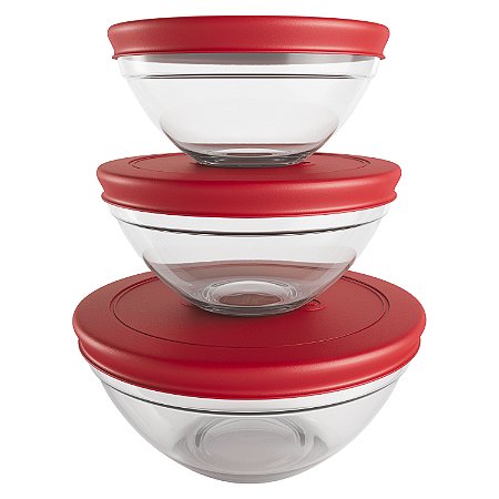 CJ. DE POTES DE VIDRO REDONDOS COM TAMPA PLASTICA 3 PC. VERMELHO