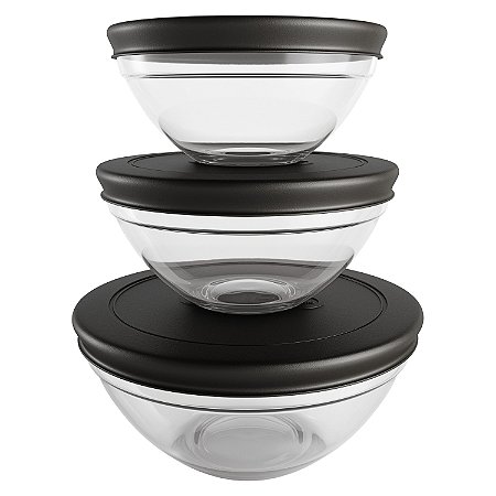 CJ. DE POTES DE VIDRO REDONDOS COM TAMPA PLASTICA 3 PC. PRETO