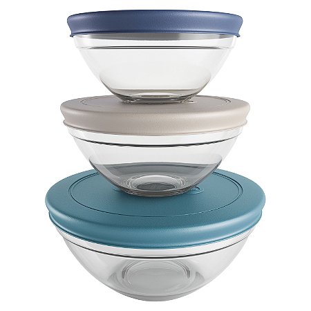 CJ. DE POTES DE VIDRO REDONDOS COM TAMPA PLASTICA 3 PC. COLORS