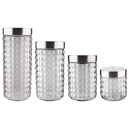 CJ. DE POTES DE VIDRO COM TAMPA INOX BUBBLE 4 PC.