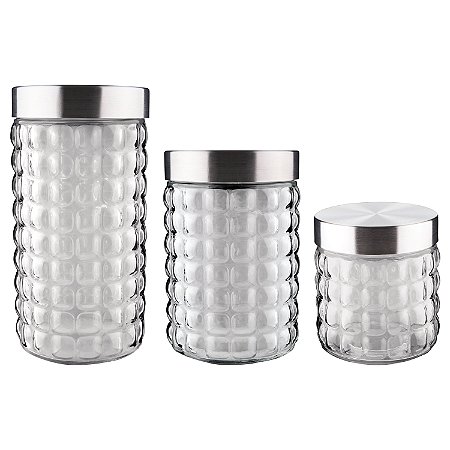 CJ. DE POTES DE VIDRO COM TAMPA INOX BUBBLE 3 PC.