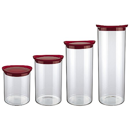 CJ. DE POTES DE VIDRO SLIM COM TAMPA PLASTICA 4 PC. VERMELHO