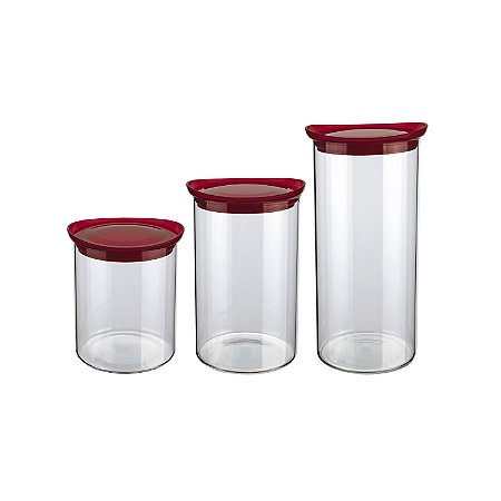 CJ. DE POTES DE VIDRO SLIM COM TAMPA PLASTICA 3 PC. VERMELHO