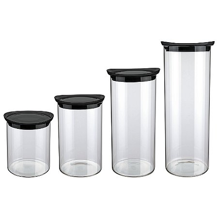 CJ. DE POTES DE VIDRO SLIM COM TAMPA PLASTICA 4 PC. PRETO