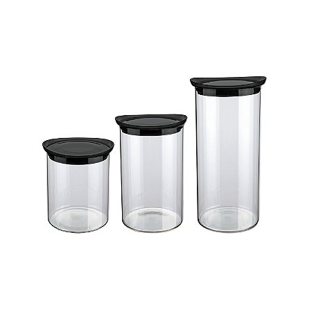 CJ. DE POTES DE VIDRO SLIM COM TAMPA PLASTICA 3 PC. PRETO