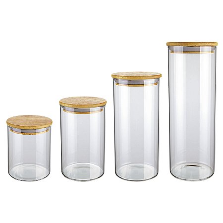 CJ. DE POTES DE VIDRO SLIM COM TAMPA BAMBU 4 PC.