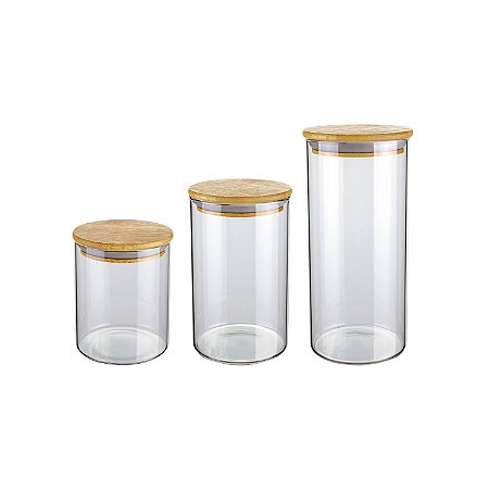 CJ. DE POTES DE VIDRO SLIM COM TAMPA BAMBU 3 PC.