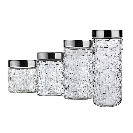 CJ. DE POTES DE VIDRO COM TAMPA INOX RATTAN 4 PC.