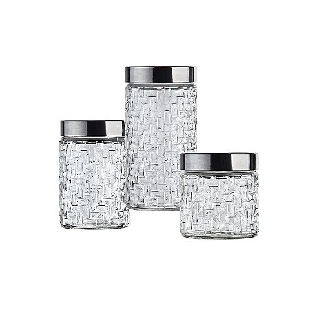 CJ. DE POTES DE VIDRO COM TAMPA INOX RATTAN 3 PC.