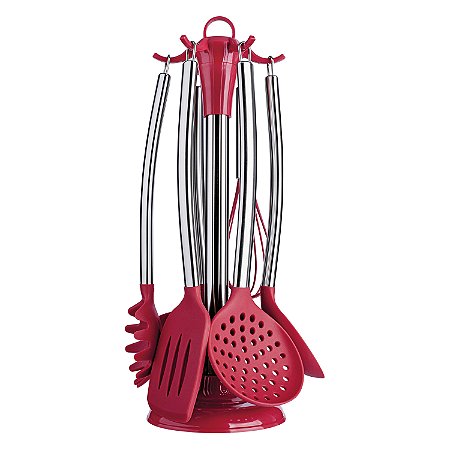 CJ. DE GADGETS DE SILICONE COM CABO INOX 7 PC. VERMELHO