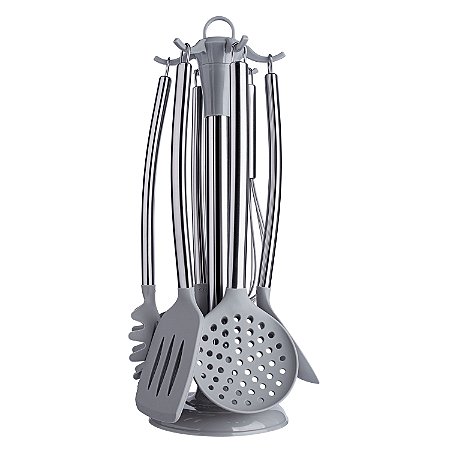 CJ. DE GADGETS DE SILICONE COM CABO INOX 7 PC. CINZA
