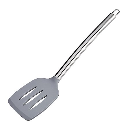 ESPATULA VAZADA DE SILICONE COM CABO INOX CINZA