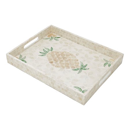 BANDEJA DE MADEIRA C/MADREPEROLA ABACAXI BEGE 38X29X45cm