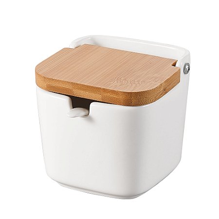 SALEIRO MESA PORCELANA C/TAMPA MADEIRA E COLHER 9x9x8,5cm