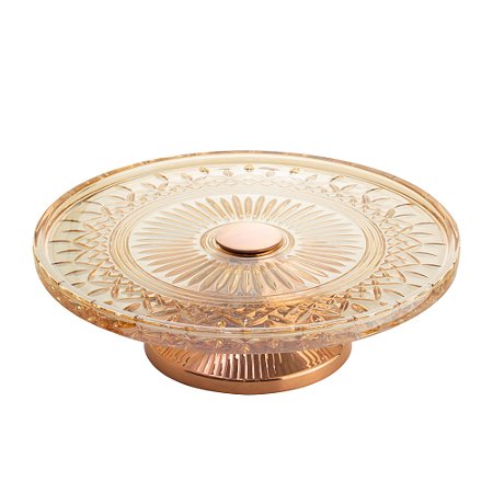 PRATO P/BOLO CRISTAL ÂMBAR C/PÉ AÇO QUEEN ROSE 32cm