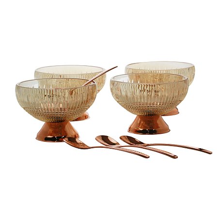 CJ 4 BOWLS VIDRO ÂMBAR C/4 COLHERES P/SOBREMESA QUEEN ROSE