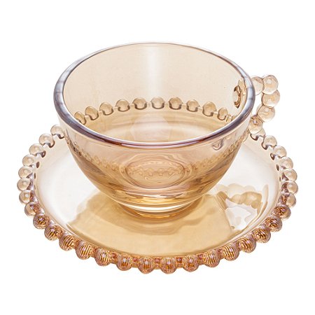 CJ 4 XÍCARAS CHÁ CRISTAL C/PIRES PEARL ÂMBAR 180ml