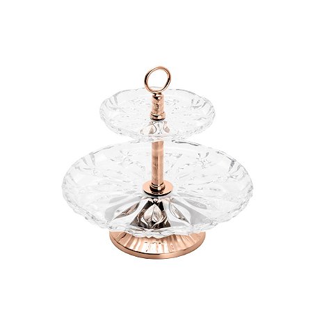 PRATO DUPLO DE CRISTAL P/DOCE C/PÉ E PUXADOR ROSÉ LOUISE 30cm