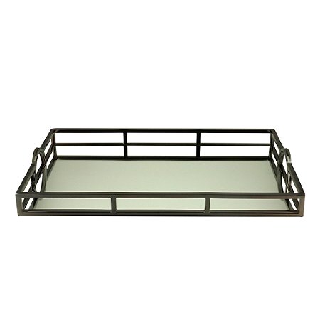 BANDEJA AÇO INOX C/ESPELHO E ALÇA PRETA 56x36x5cm