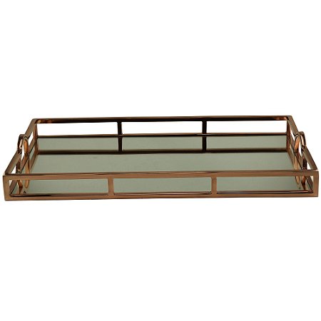 BANDEJA AÇO INOX C/ESPELHO E ALÇA ROSE GOLD 56x36x5cm