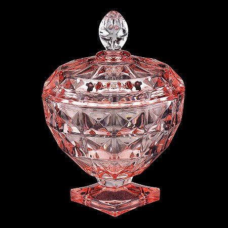 POTICHE DECORATIVO CRISTAL C/PÉ E TAMPA DIAMANT ROSE 18x24cm