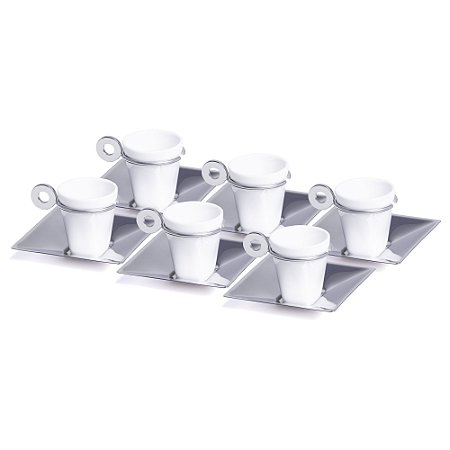 CJ 6 XÍCARAS CAFÉ PORCELANA C/PIRES AÇO INOX VENEZA 70ml