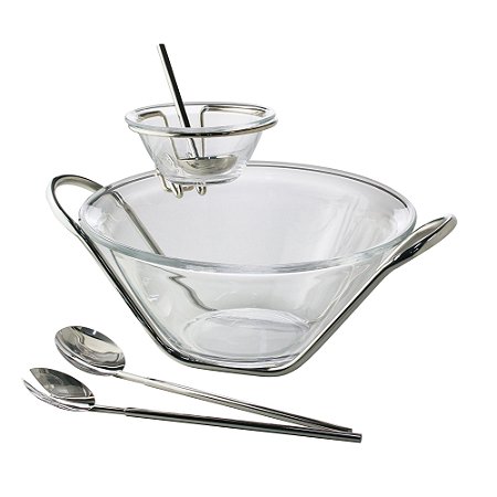 SALADEIRA CRISTAL C/PAR TALHERES MOLHEIRA NÁPOLES PRATA 29cm